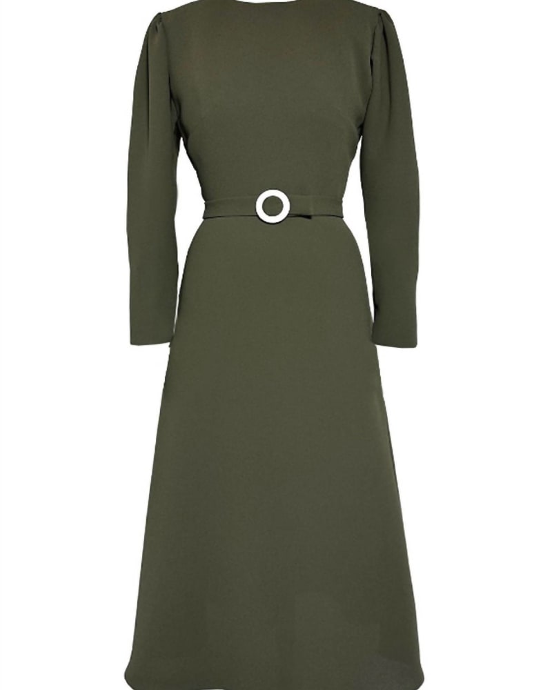 Front of a model wearing a size US12 Diana Georgette Long Sleeve Dress In Army Green in Army Green by Edeline Lee. | dia_product_style_image_id:344659